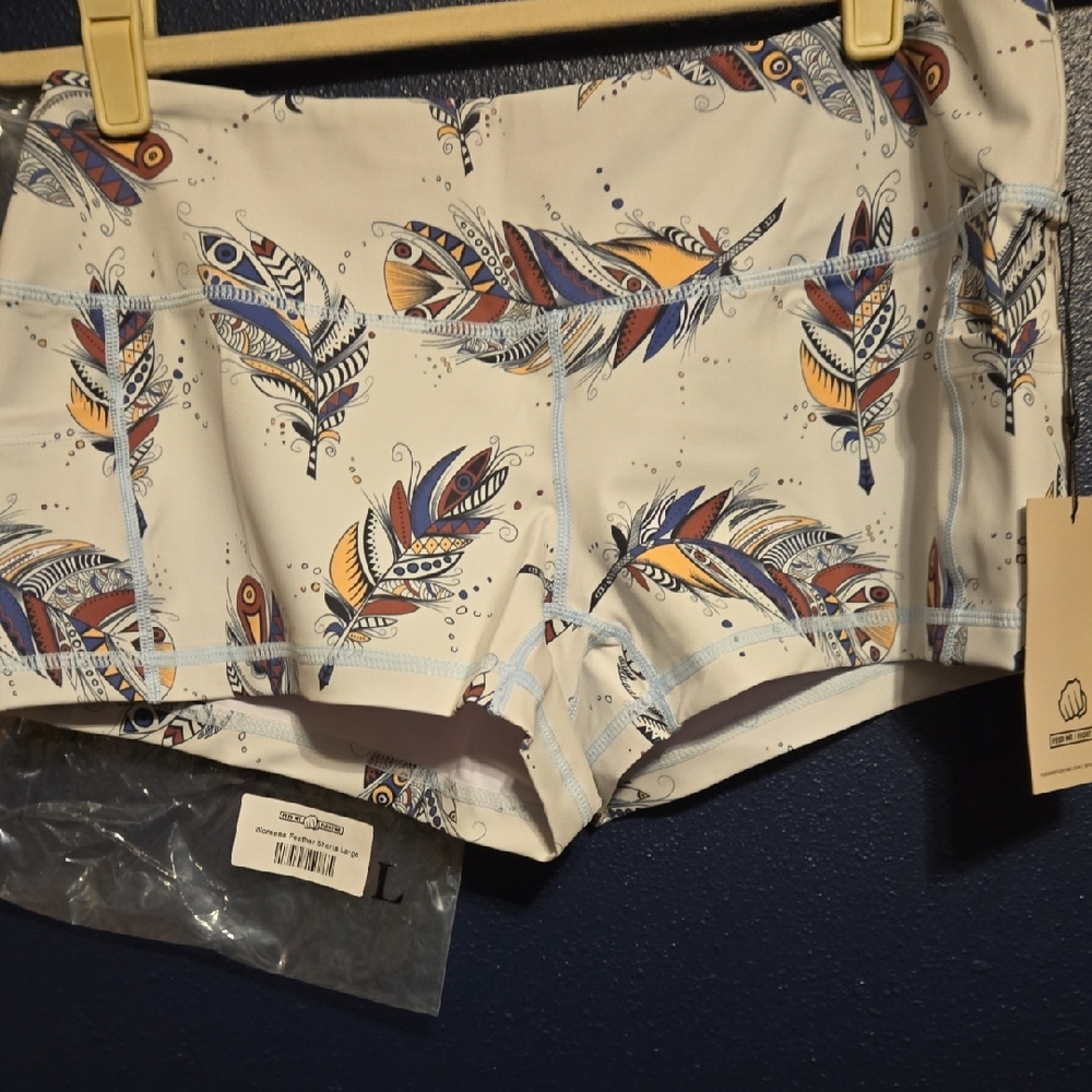 Feed Me Fight Me Feather Pattern Women's Athletic Shorts - Blue and Orange